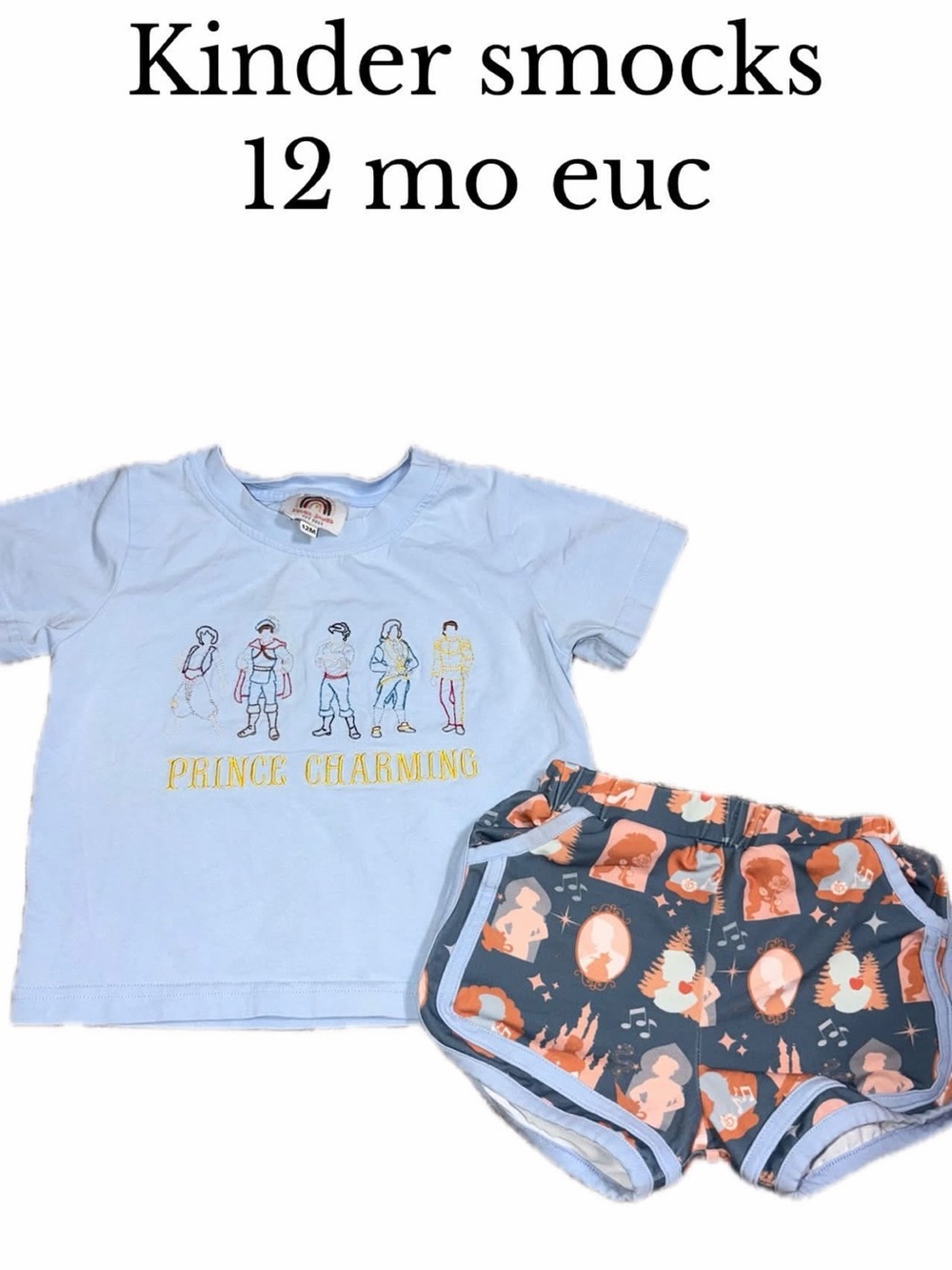 Kinder smocks 12 month Prince Charming Disney shorts set